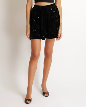 Chanel 22N Black Velours Mini Skirt with Sequin Embellished Logos and Bow Detail Size FR 36 (UK 8)
