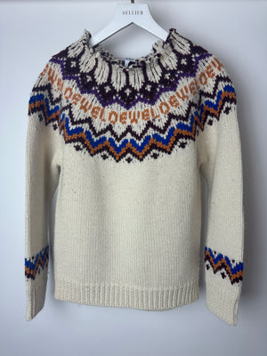 Loewe Cream, Brown and Blue Long Sleeve Knitted Jumper with Logo Detail Size M (UK 10)