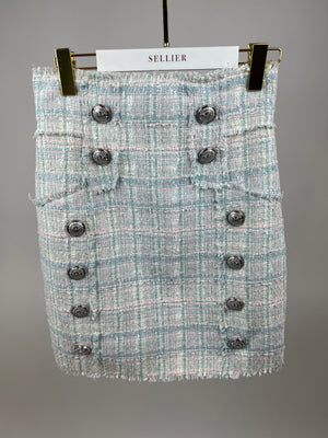 Balmain Blue, Pink and White Tweed Skirt with Silver Button Detail Size FR 38 (UK 10)