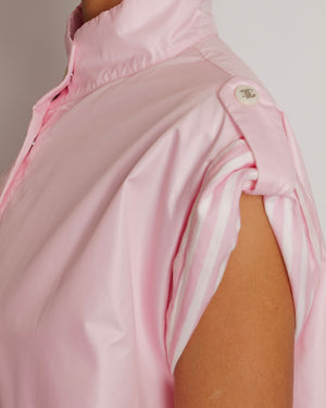 Chanel Pink Short Sleeved Jacket with White and Pink Striped Details and White Pearl and Silver CC Logo Buttons Size FR 36 (UK 8)