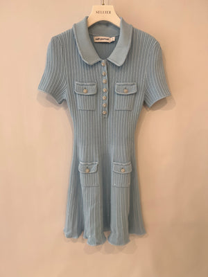 Self Portrait Baby Blue and Sequin Knitted Ribbed Mini Dress with Pearl and Crystal Embellished Buttons Size M (UK 10)