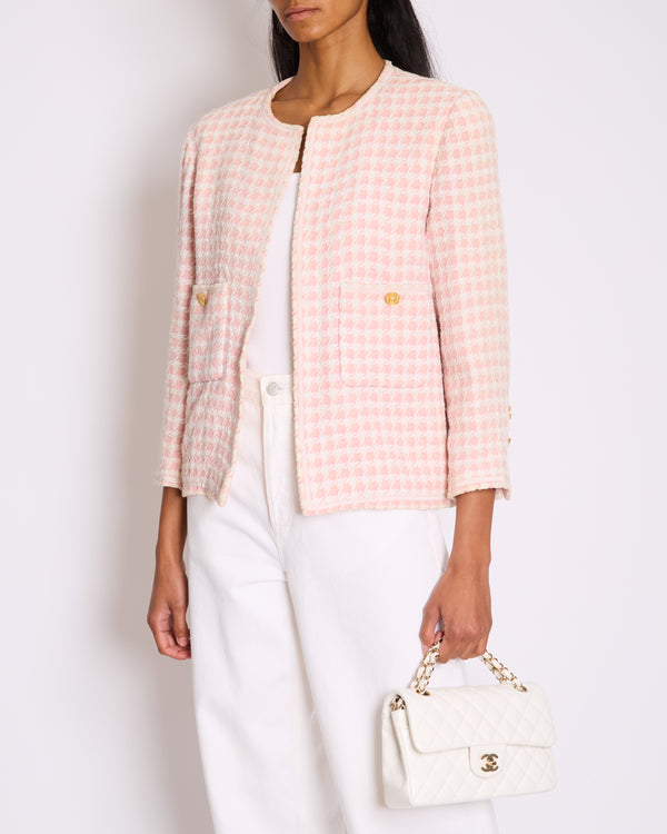 Chanel Vintage Baby Pink and White Houndstooth Jacket with Gold CC Buttons Size FR 36 (UK 8)