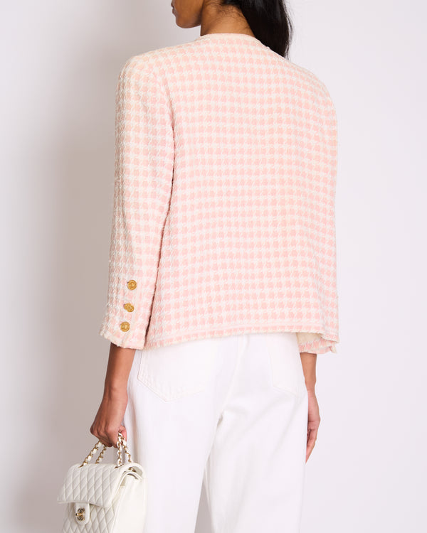 Chanel Vintage Baby Pink and White Houndstooth Jacket with Gold CC Buttons Size FR 36 (UK 8)