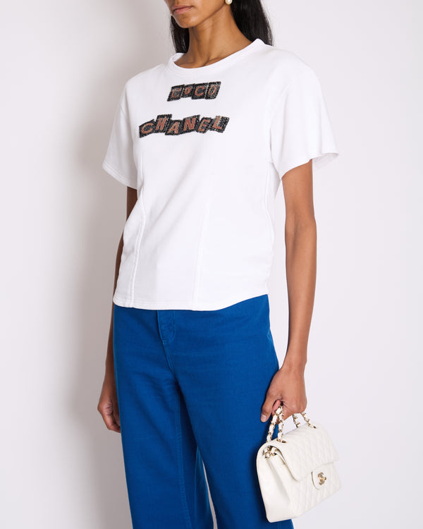 Chanel White T-Shirt with Embellished Coco Chanel Logo Size FR 36 (UK 8)