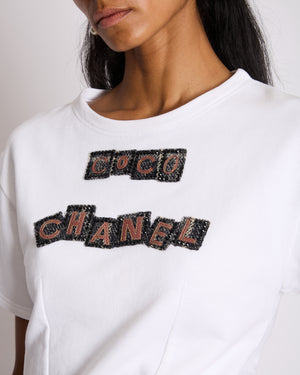 Chanel White T-Shirt with Embellished Coco Chanel Logo Size FR 36 (UK 8)