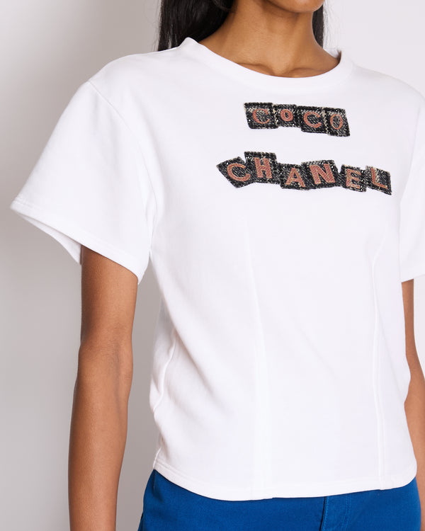Chanel White T-Shirt with Embellished Coco Chanel Logo Size FR 36 (UK 8)