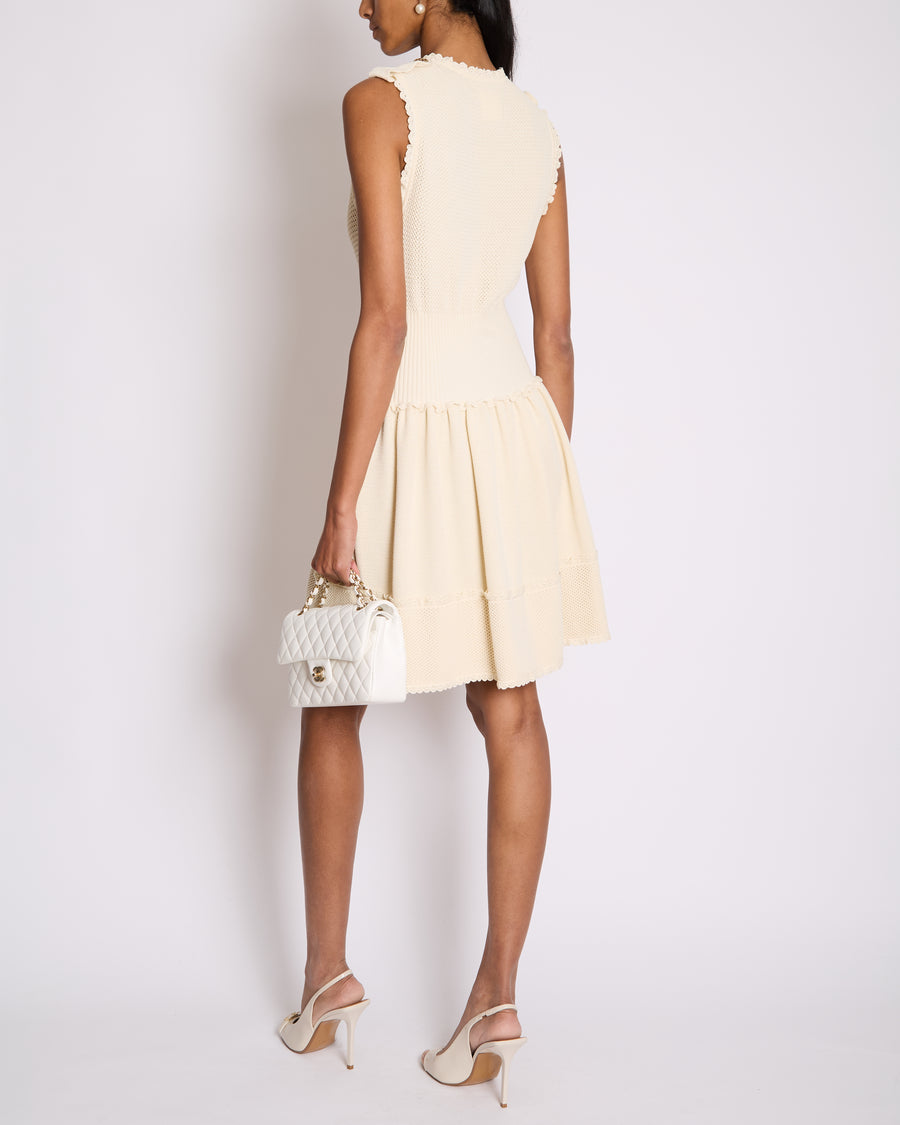 Chanel Cream Knit Sleeveless Mini Dress with Gold CC Logo Detail Size FR 38 (UK 10)