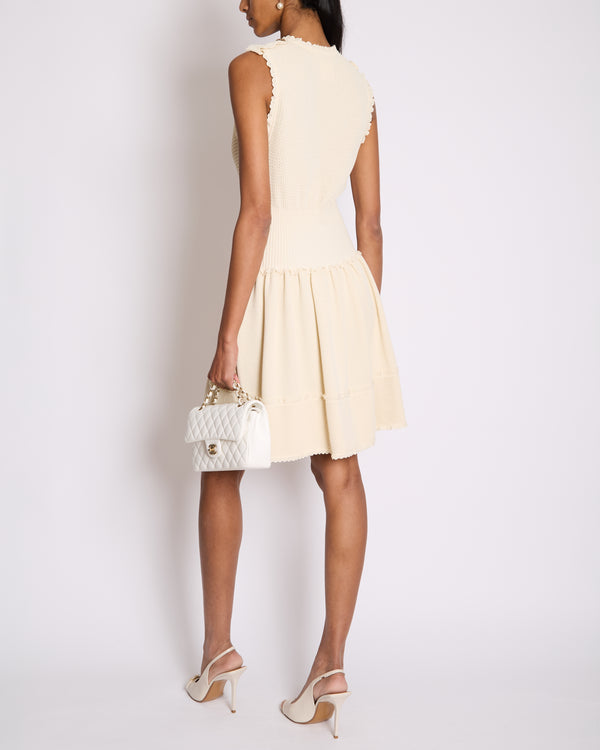 Chanel Cream Knit Sleeveless Mini Dress with Gold CC Logo Detail Size FR 38 (UK 10)