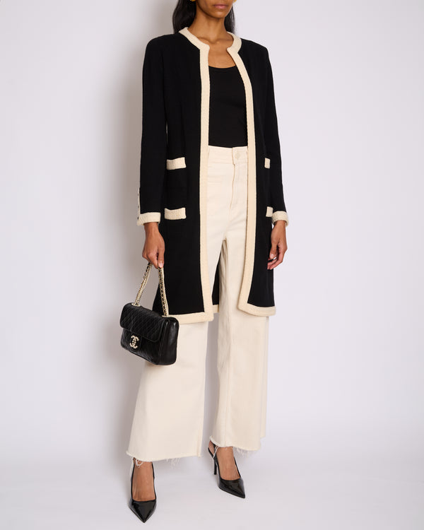 Chanel Black & Cream Long Sleeve Longline Cardigan Size FR 38 (UK 10)