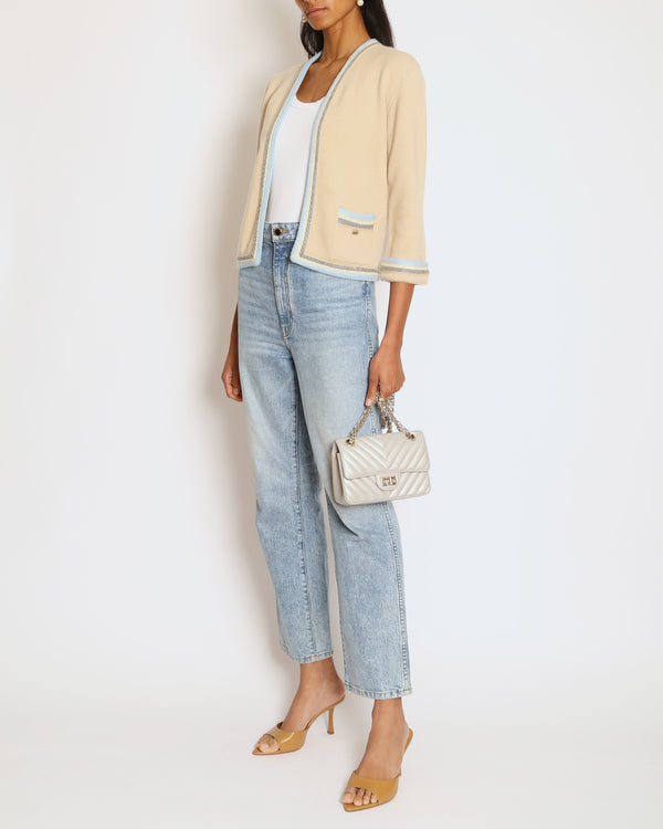 Chanel 05/A Beige Cardigan with Knitted Blue Trim Size FR 38 (UK 10)