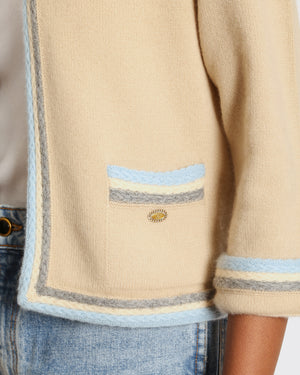 Chanel 05/A Beige Cardigan with Knitted Blue Trim Size FR 38 (UK 10)