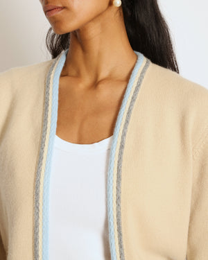 Chanel 05/A Beige Cardigan with Knitted Blue Trim Size FR 38 (UK 10)