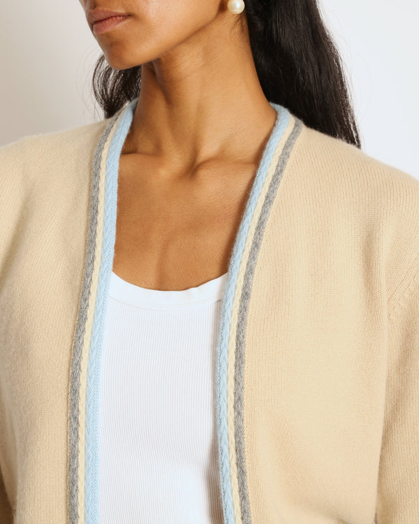 Chanel 05/A Beige Cardigan with Knitted Blue Trim Size FR 38 (UK 10)
