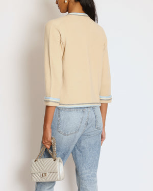 Chanel 05/A Beige Cardigan with Knitted Blue Trim Size FR 38 (UK 10)
