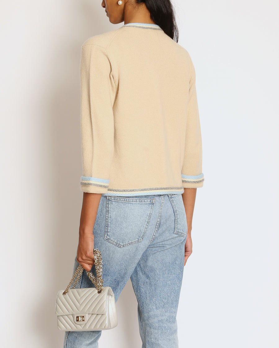 Chanel 05/A Beige Cardigan with Knitted Blue Trim Size FR 38 (UK 10)