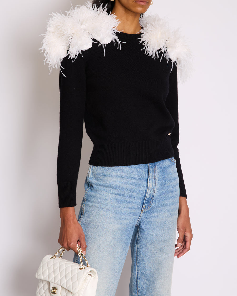 Chanel A/W 2023 Black Cashmere Jumper with White Ostrich Feathers Size FR 36 (UK 8)