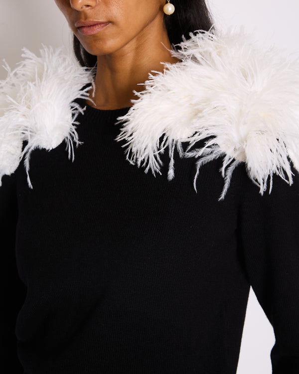 Chanel A/W 2023 Black Cashmere Jumper with White Ostrich Feathers Size FR 36 (UK 8)