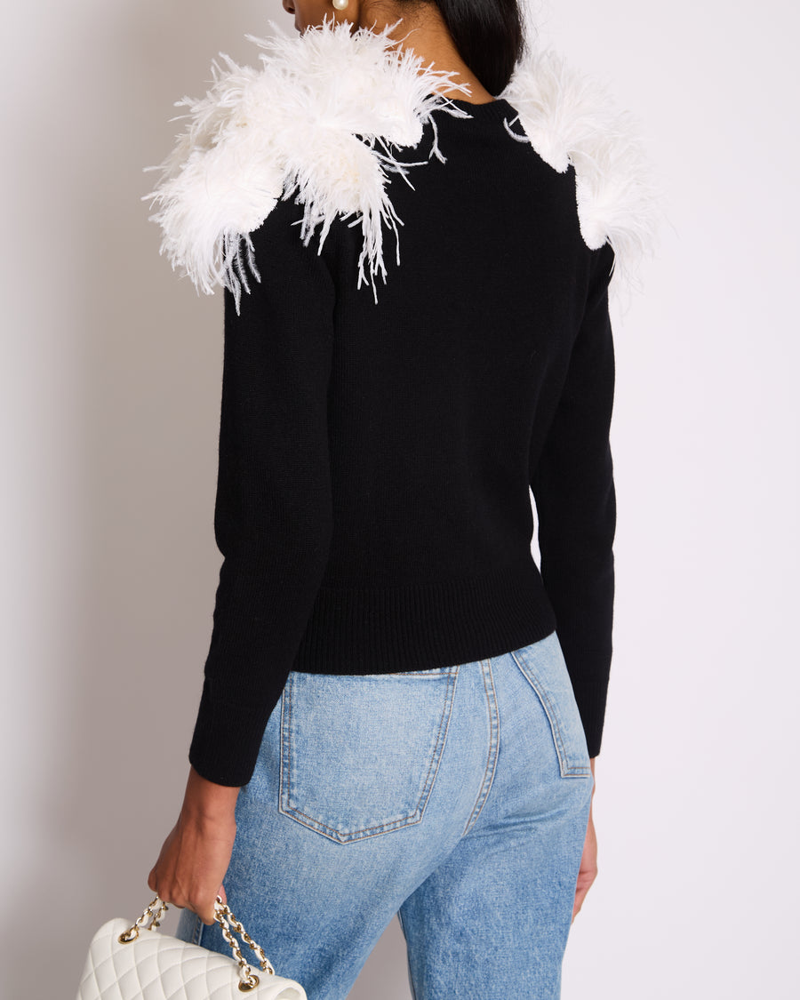 Chanel A/W 2023 Black Cashmere Jumper with White Ostrich Feathers Size FR 36 (UK 8)