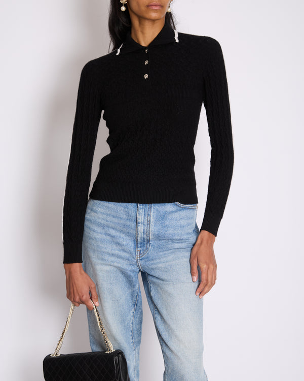 Chanel Black Cashmere Jumper with Silver Camelia Buttons and White Trim Details Size FR 34 (UK 6)