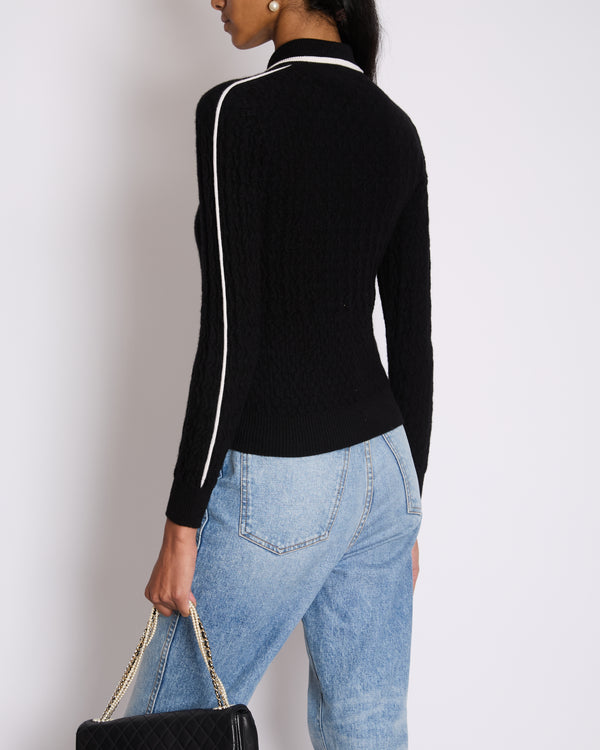 Chanel Black Cashmere Jumper with Silver Camelia Buttons and White Trim Details Size FR 34 (UK 6)