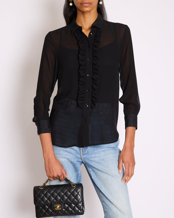 Saint Laurent Black Silk Long Sleeve Shirt with Ruffle Details Size FR 36 (UK 8)