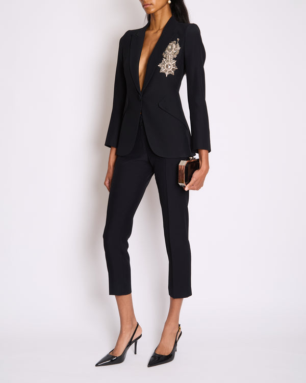 Alexander McQueen Black Tailored Blazer Jacket and Matching Trousers Set with Metallic Embroidery Detail Size IT 36 (UK 4)