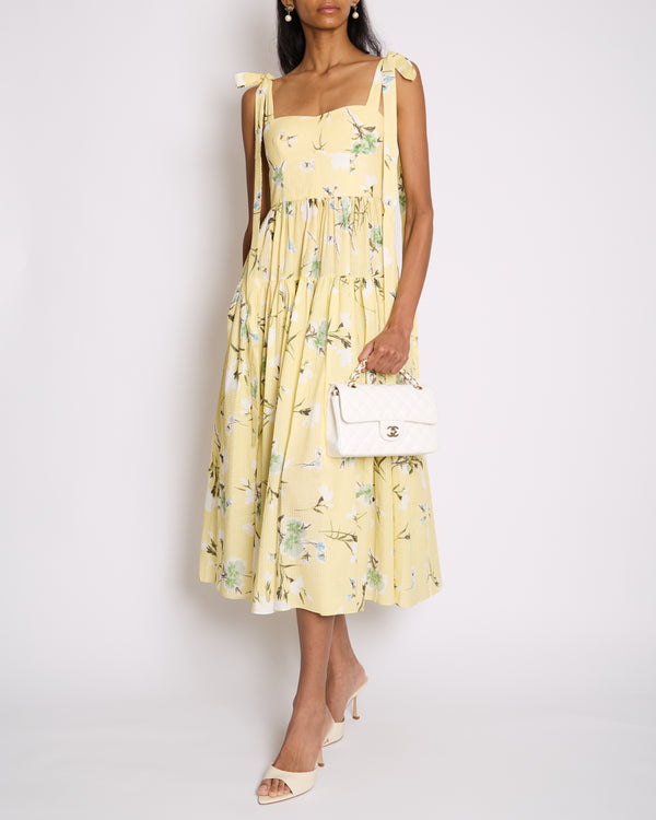 Erdem SS25 Yellow, White & Green Floral Midi Dress with Bustier Top & Tie Up Bow Strap Details Size UK 6 (FR 34)