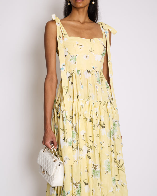 Erdem SS25 Yellow, White & Green Floral Midi Dress with Bustier Top & Tie Up Bow Strap Details Size UK 6 (FR 34)