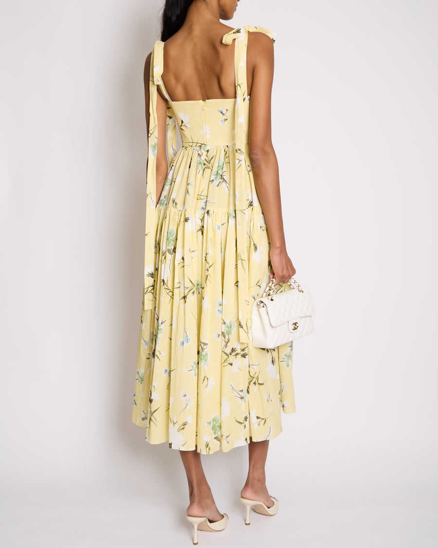 Erdem SS25 Yellow, White & Green Floral Midi Dress with Bustier Top & Tie Up Bow Strap Details Size UK 6 (FR 34)