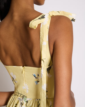 Erdem SS25 Yellow, White & Green Floral Midi Dress with Bustier Top & Tie Up Bow Strap Details Size UK 6 (FR 34)