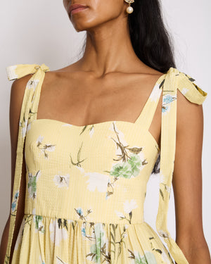 Erdem SS25 Yellow, White & Green Floral Midi Dress with Bustier Top & Tie Up Bow Strap Details Size UK 6 (FR 34)