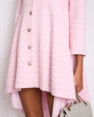 Chanel 24S Pink Tweed Long Sleeve A-Line Asymmetric Mini Dress with Silver and Pink Logo Button Details Detail FR 34 (UK 6)
