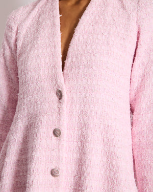 Chanel 24S Pink Tweed Long Sleeve A-Line Asymmetric Mini Dress with Silver and Pink Logo Button Details Detail FR 34 (UK 6)