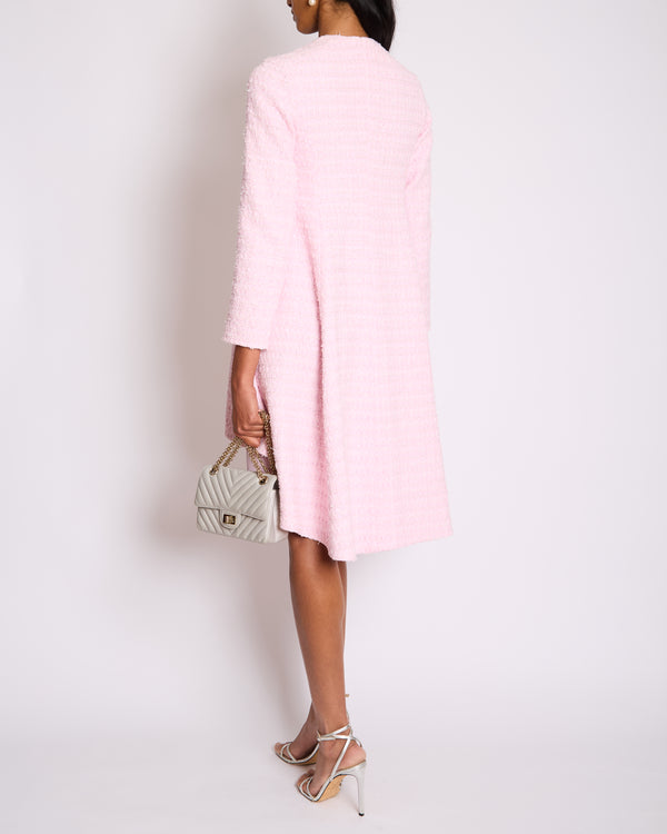 *HOT* Chanel 24S Pink Tweed Long Sleeve A-Line Asymmetric Mini Dress with Silver and Pink Logo Button Details Detail FR 34 (UK 6) RRP £11,650