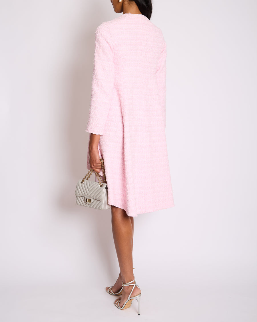 Chanel 24S Pink Tweed Long Sleeve A-Line Asymmetric Mini Dress with Silver and Pink Logo Button Details Detail FR 34 (UK 6)