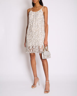 Saint Laurent White & Silver Floral Sequin and Bead Embroidered Mini Dress with White Slip Size FR 36 (UK 8)