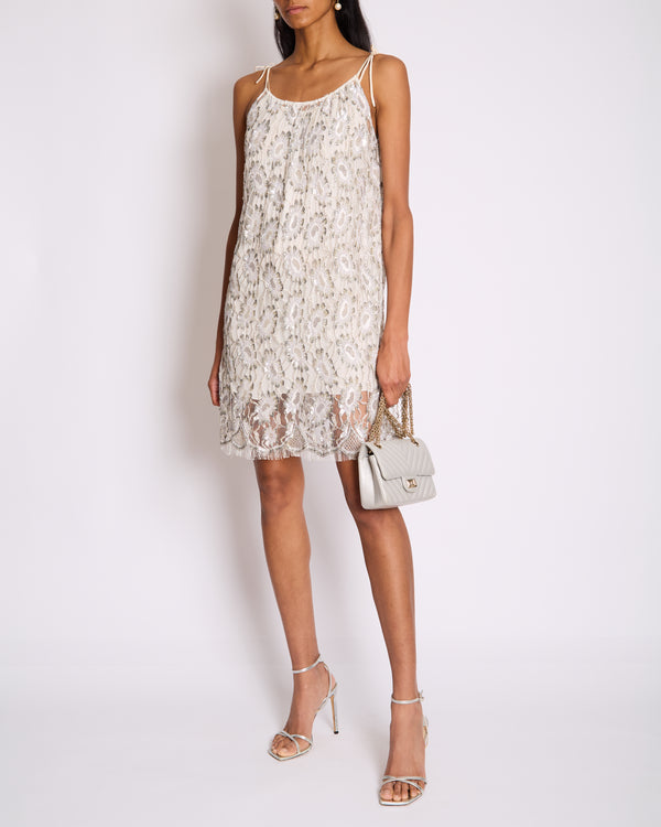 Saint Laurent White & Silver Floral Sequin and Bead Embroidered Mini Dress with White Slip Size FR 36 (UK 8)