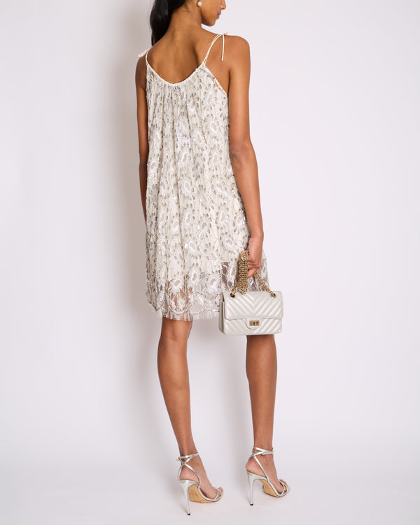 Saint Laurent White & Silver Floral Sequin and Bead Embroidered Mini Dress with White Slip Size FR 36 (UK 8)