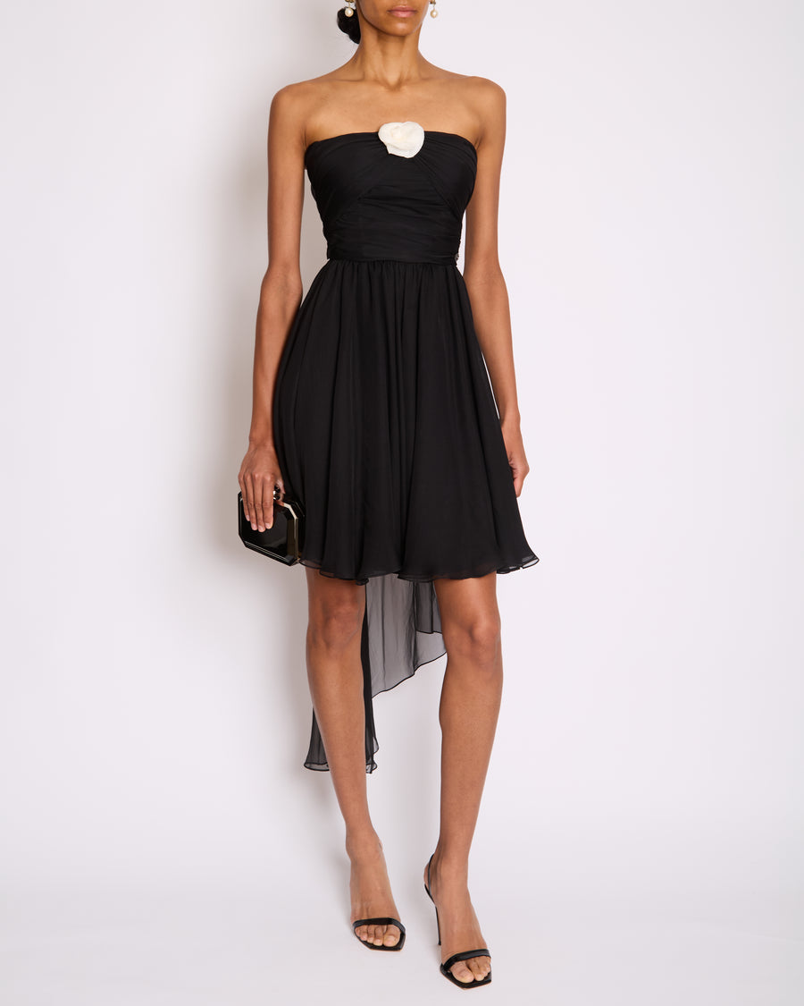 Chanel 20A Black Bandeau Silk Dress Draped Dress with White Camelia Bow Detail FR 34 (UK 6) RRP £7360