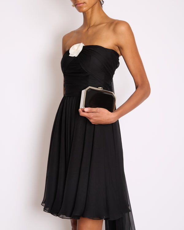 Chanel 20A Black Bandeau Silk Dress Draped Dress with White Camelia Bow Detail FR 34 (UK 6) RRP £7360
