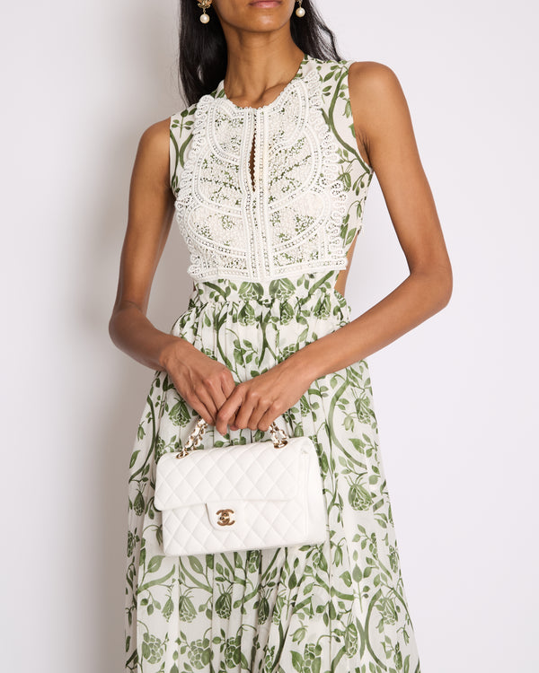 Giambattista Valli White and Green Sleeveless Floral Midi Dress with Lace Bodice and Cut Out at the Back Size IT 36 (UK 4)