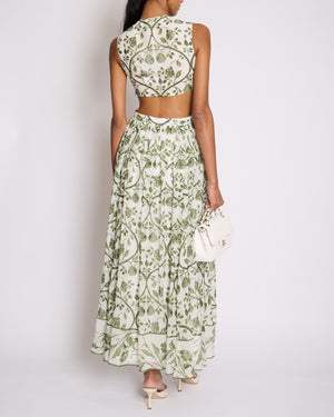 Giambattista Valli White and Green Sleeveless Floral Midi Dress with Lace Bodice and Cut Out at the Back Size IT 36 (UK 4)