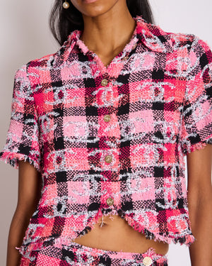 Chanel 22M Coco Beach Hot Pink & Black Cropped Tweed Shirt with White CC Logo Detail Size FR 34 (UK 6)