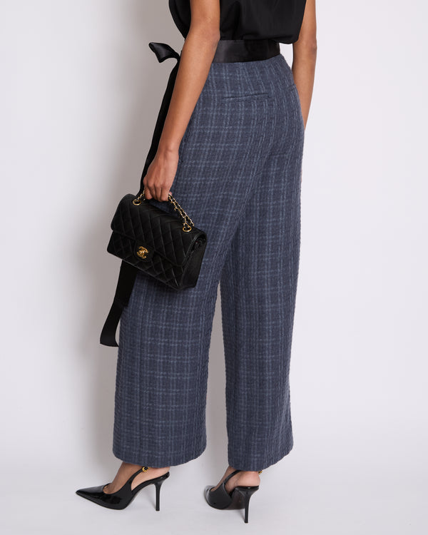 Chanel Grey Tweed Wide-Leg Trousers with Black Silk Tie Waist-Band and Button Detail Size FR 38 (UK 10)