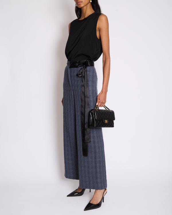 Chanel Grey Tweed Wide-Leg Trousers with Black Silk Tie Waist-Band and Button Detail Size FR 38 (UK 10)