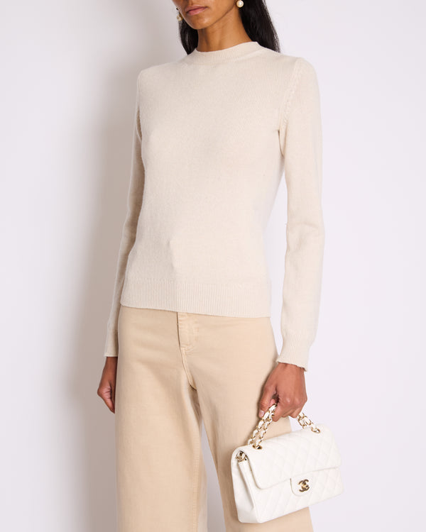 Chanel Beige Cashmere Cardigan with Gold and White Keyhole CC Buttons Size FR 36 (UK 8)