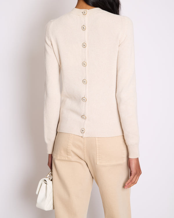 Chanel Beige Cashmere Cardigan with Gold and White Keyhole CC Buttons Size FR 36 (UK 8)