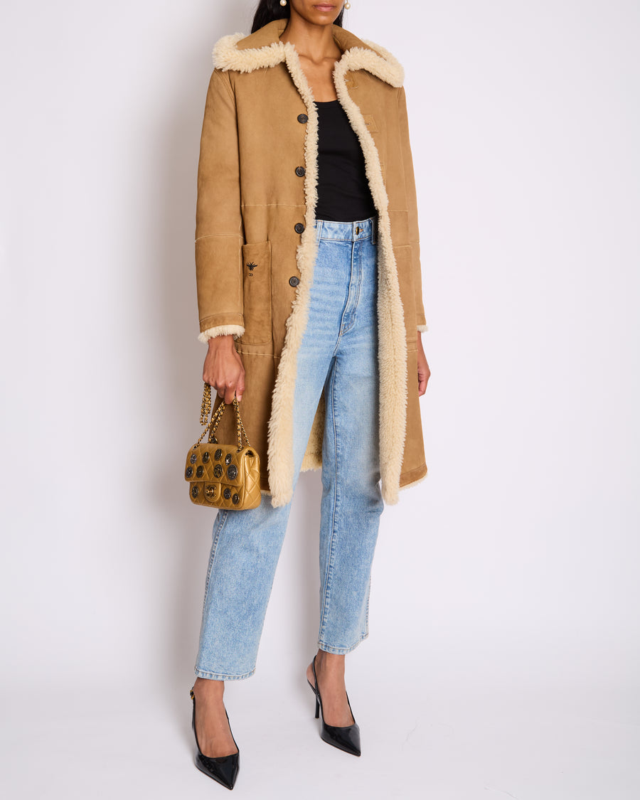 Christian Dior Beige and Cream Shearling Reversible Coat with CD Logo Detail Size FR 38 (UK 10)