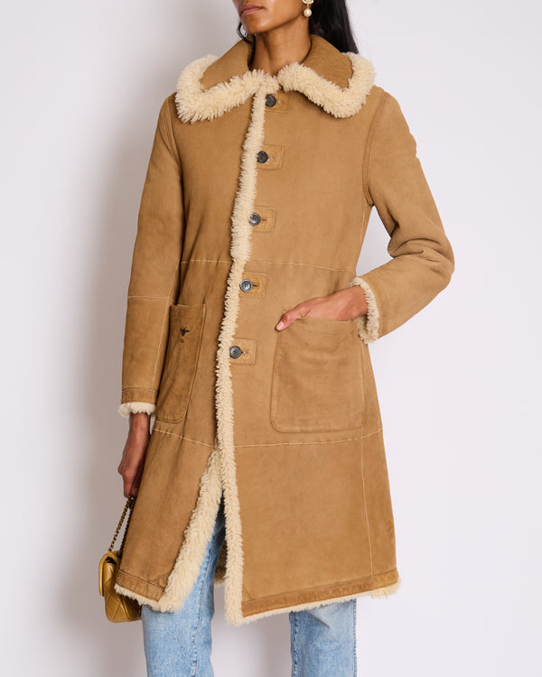 Christian Dior Beige and Cream Shearling Reversible Coat with CD Logo Detail Size FR 38 (UK 10)