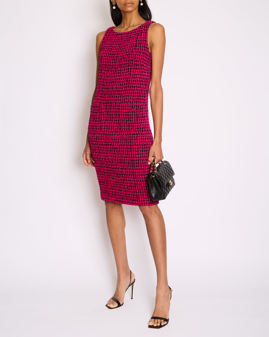 Chanel Fall 2016 Pink and Black Tweed Sleeveless Midi Dress with CC Logo Tweed Buttons Size FR 38 (UK 10)